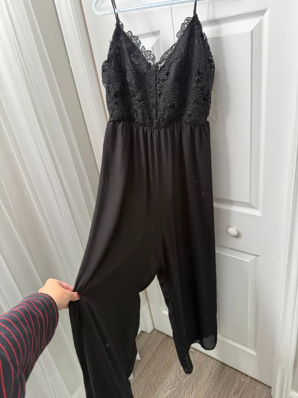 Elegant Black Lace Bodice Wide Leg Jumpsuit - Spaghetti Straps